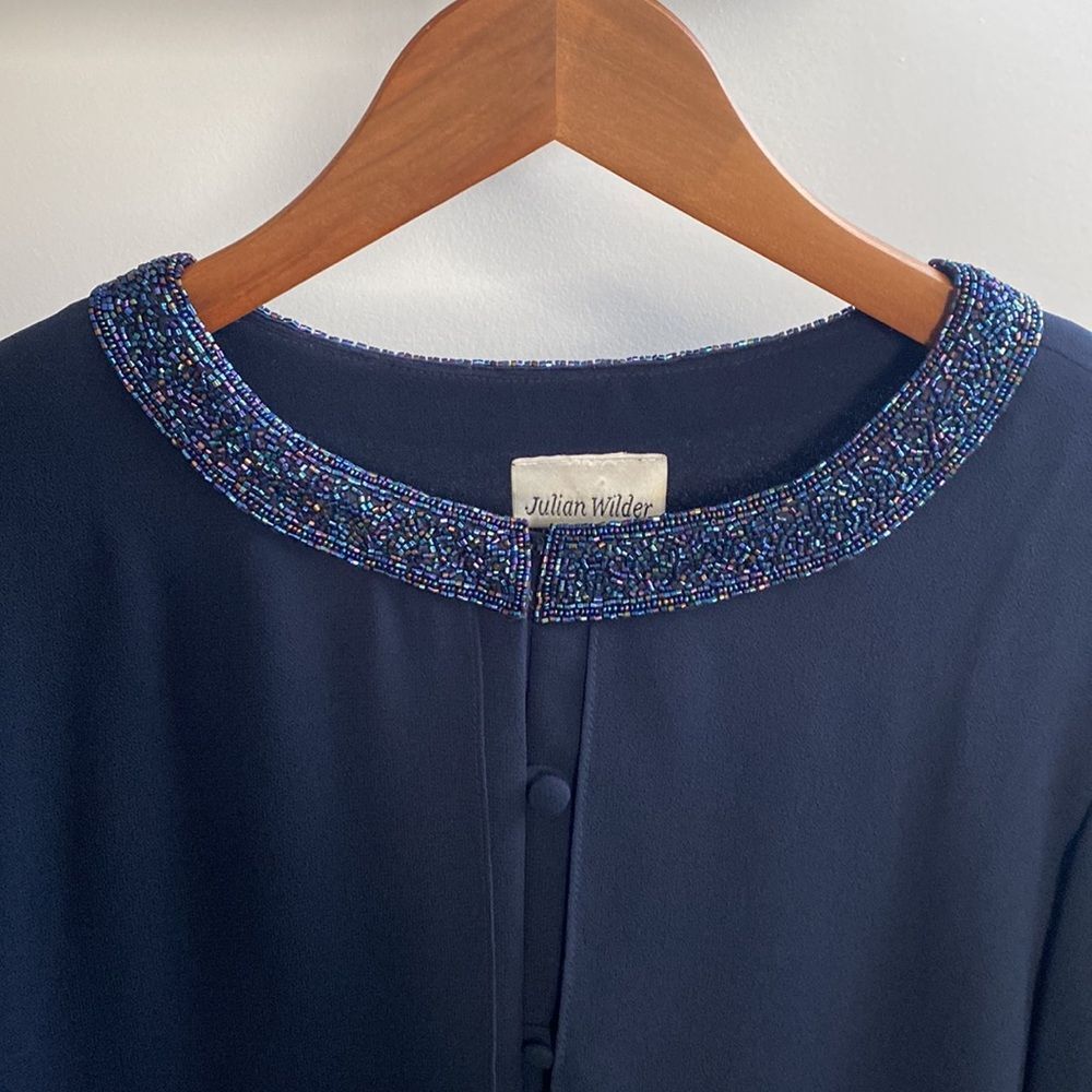 Vintage Navy Blue Blouse with Beaded Collar
